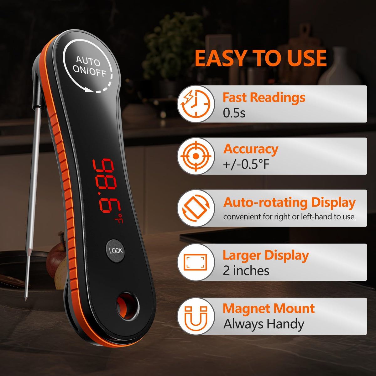 Paysean digital thermometer backlit display helps monitor doneness at night.