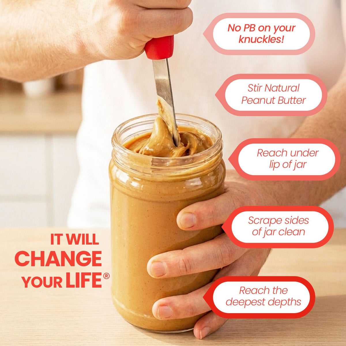 PB-JIFE strength-treated blade stirs thick natural butters with ease.