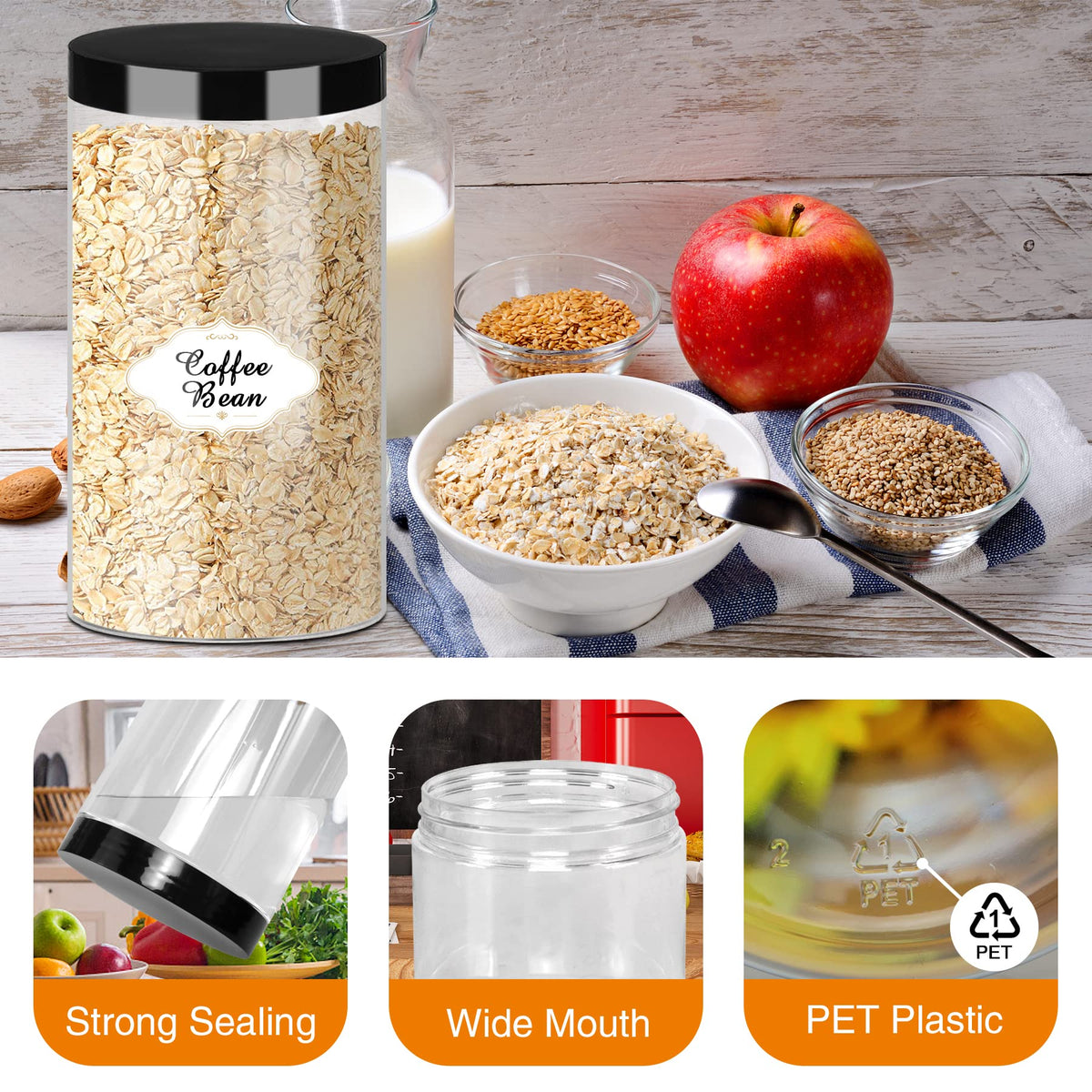 PeacePeo wide-mouth clear jar for easy filling, dispensing and cleaning.