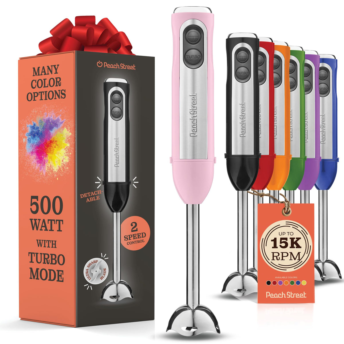 Peach Street Powerful Immersion Blender pink front view for stylish, efficient blending.