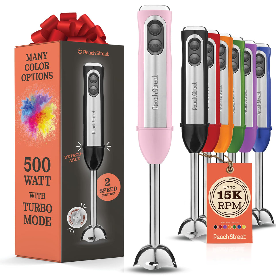 Peach Street Powerful Immersion Blender pink front view for stylish, efficient blending.