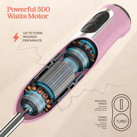 Peach Street pink handheld design offers comfortable grip during longer blending tasks.