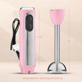 Peach Street pink immersion blender in a pot demonstrates versatile in-pot blending.