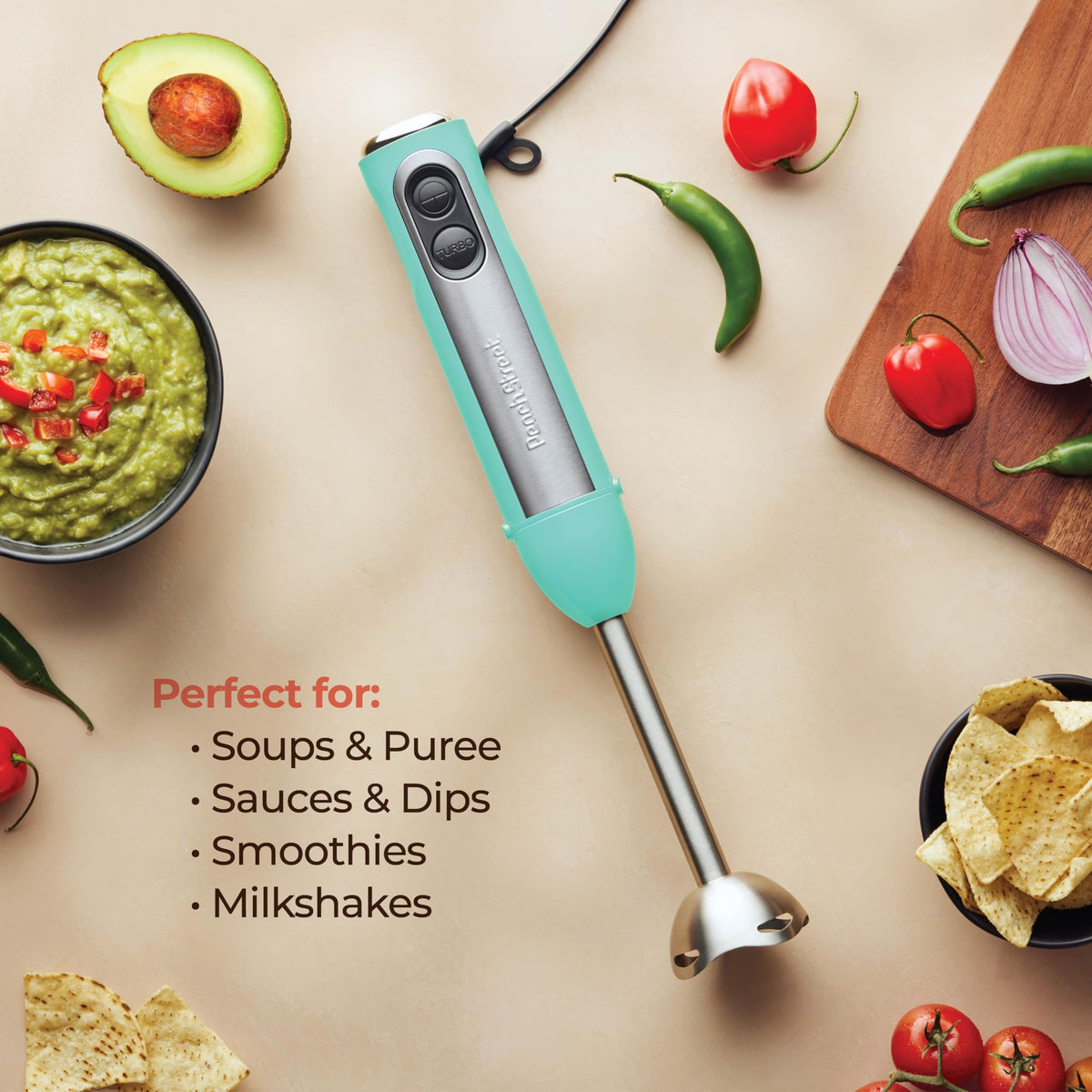 Peach Street Immersion Blender Detachable Base simplifies cleaning after cooking.