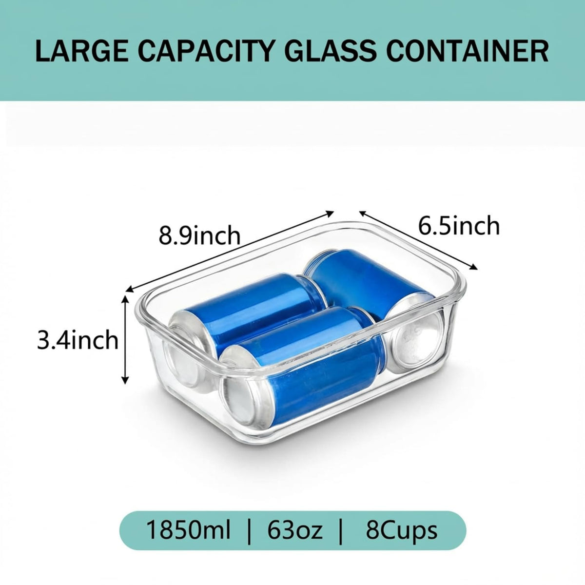 Peaktent 63oz glass container with hinged lid for one-handed sealing.