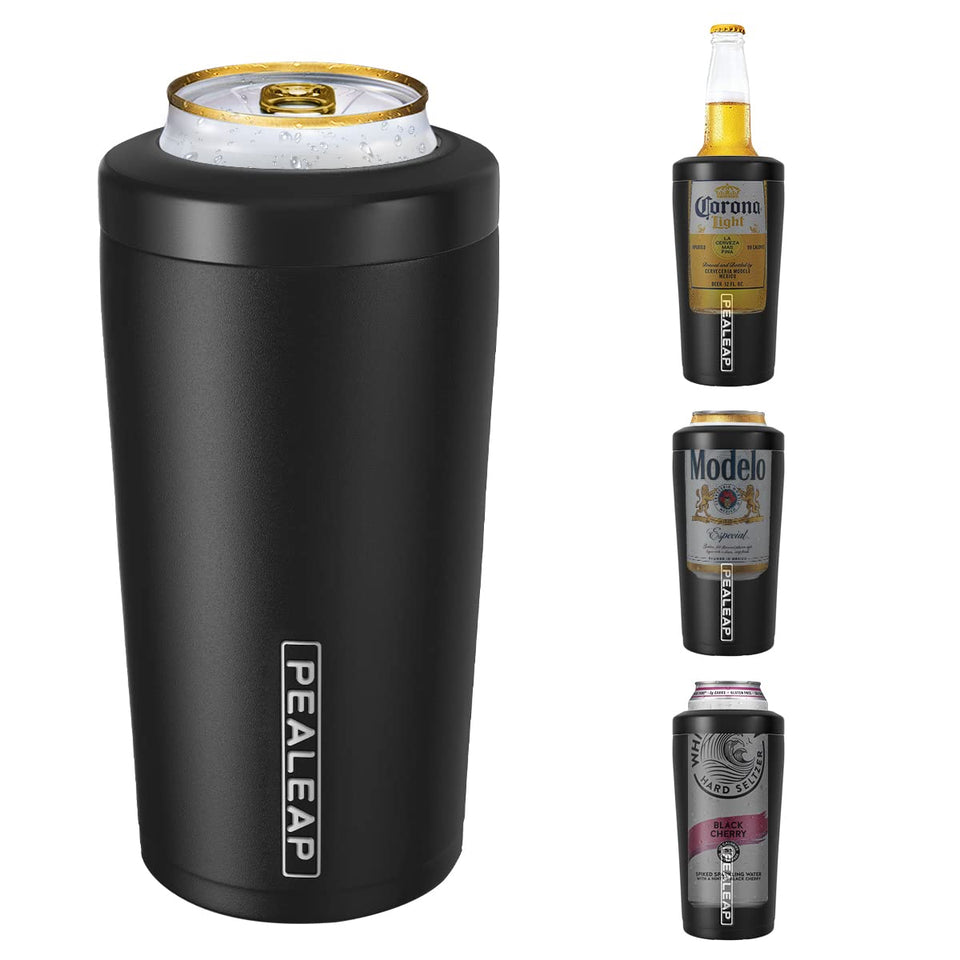 PEALEAP 4-in-1 cooler fits 12 oz cans and bottles, ideal for versatile use.