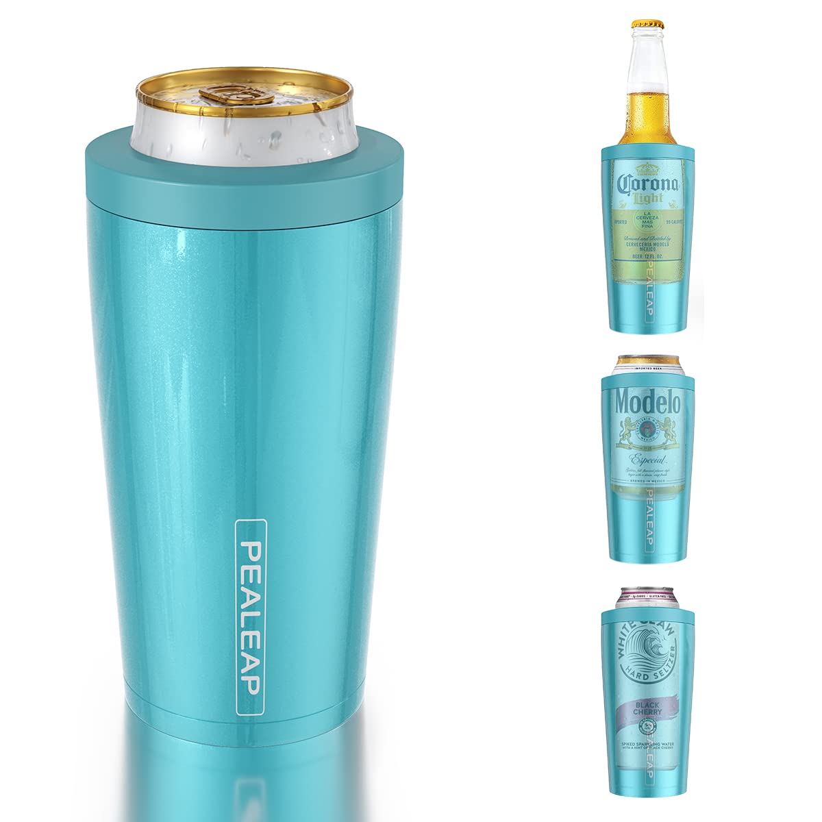 PEALEAP 4-in-1 cooler in aqua keeping a 12oz drink cold
