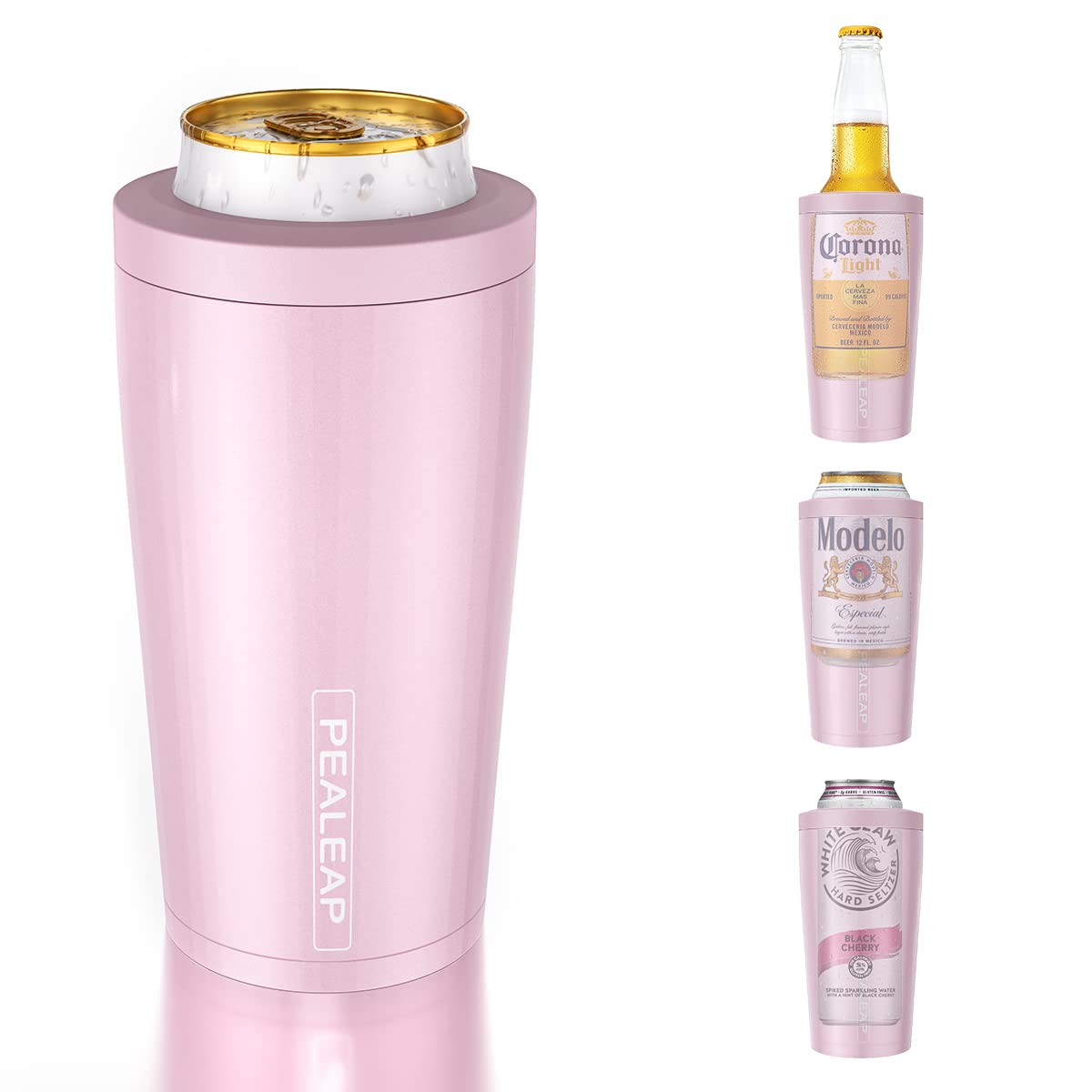 PEALEAP 4-in-1 insulated slim can cooler for 12oz bottles keeps drinks cold with a blush finish.