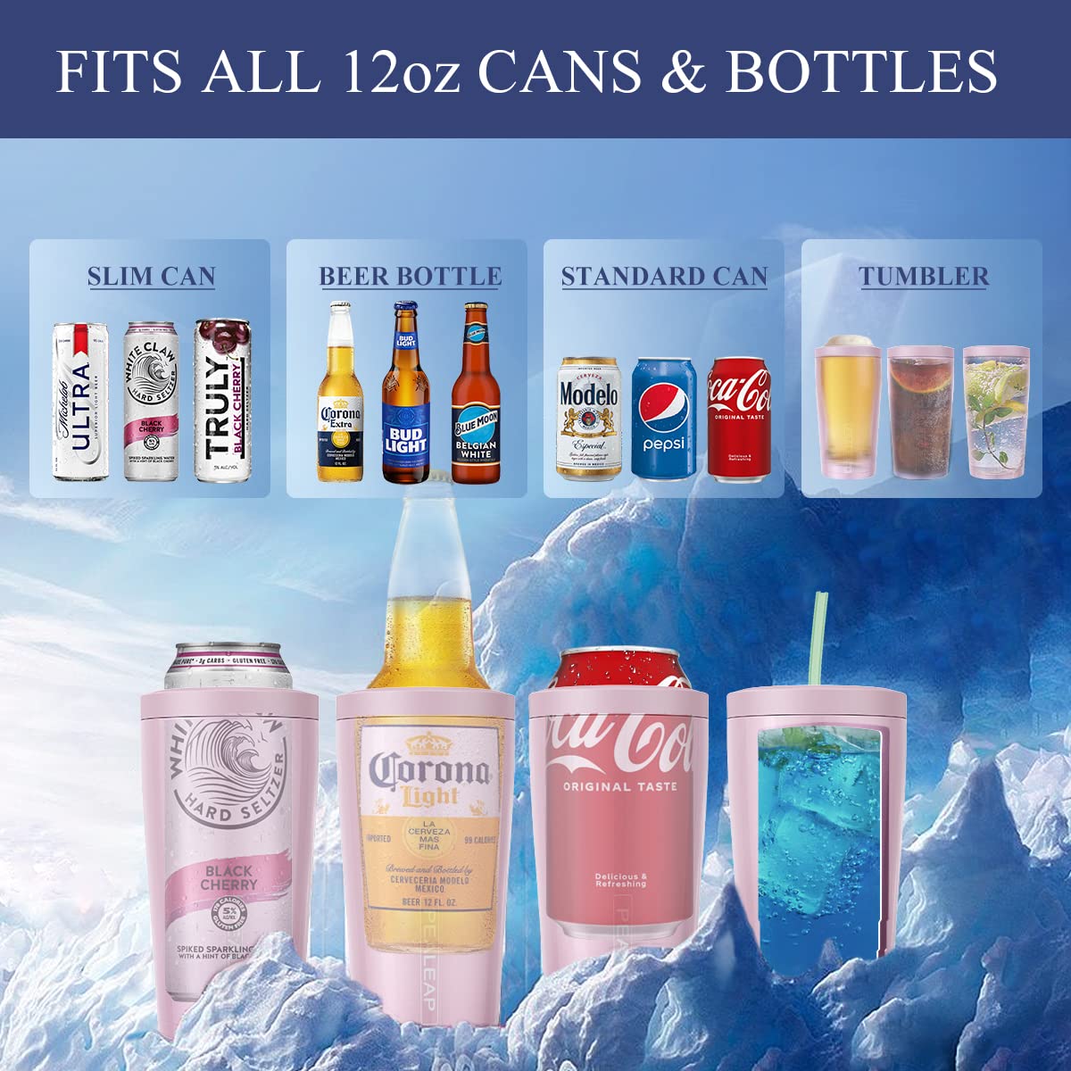PEALEAP slim 12oz can cooler on bottle demonstrates double-wall insulation for extended chill.