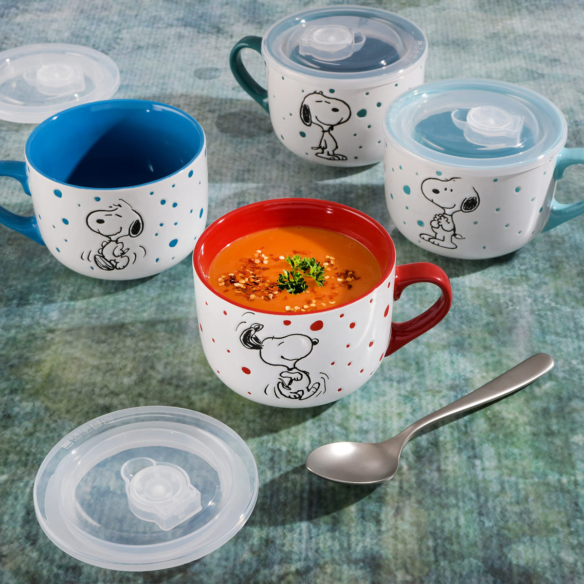Peanuts Freckled Joy stoneware soup mug highlights durable craftsmanship for hearty servings.