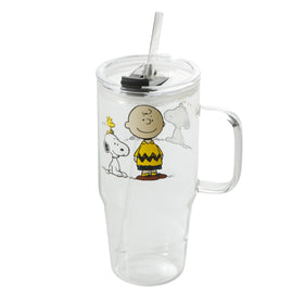 Peanuts Snoopy glass mug with lid and straw 40oz for spill-free on-the-go sipping.