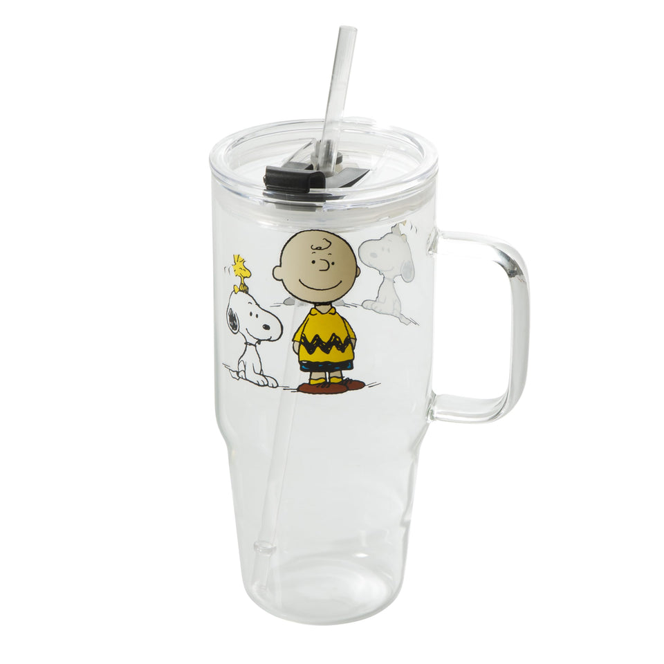 Peanuts Snoopy glass mug with lid and straw 40oz for spill-free on-the-go sipping.