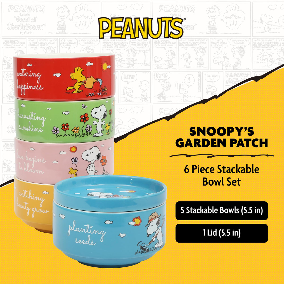 Peanuts Snoopy lid designed for microwave reheating and spill protection.