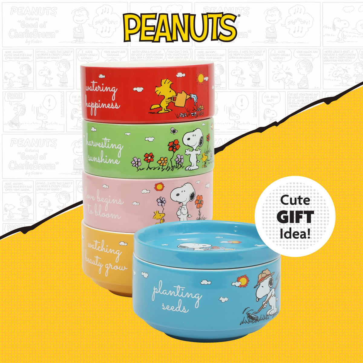 Peanuts Snoopy stoneware is microwave-safe for fast reheats.