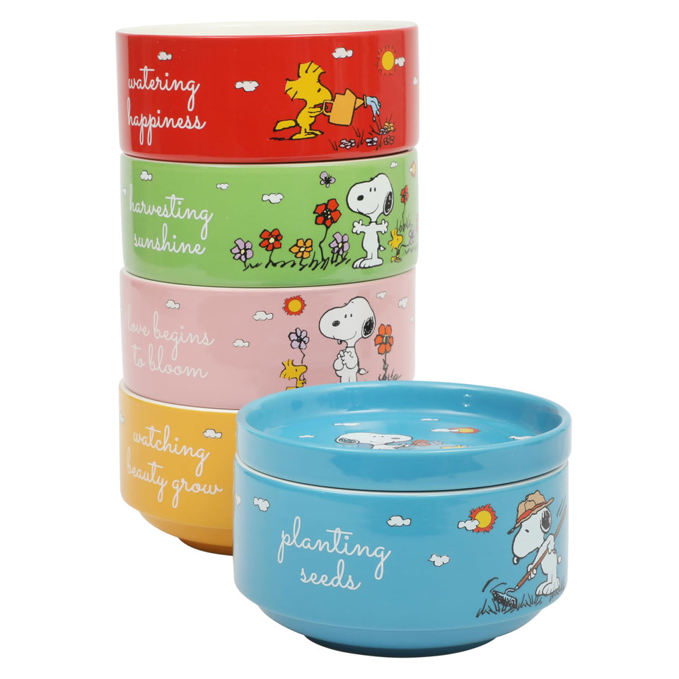 Peanuts Snoopy stackable bowls with 5.5-inch size for compact storage.