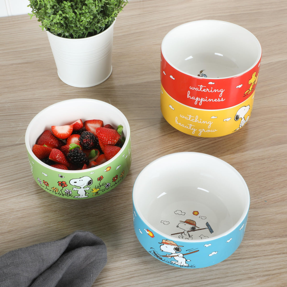 Peanuts Snoopy stackable bowls with vibrant character art saving space
