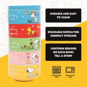 Peanuts Snoopy Woodstock artwork on bowls adds vibrant kitchen decor.