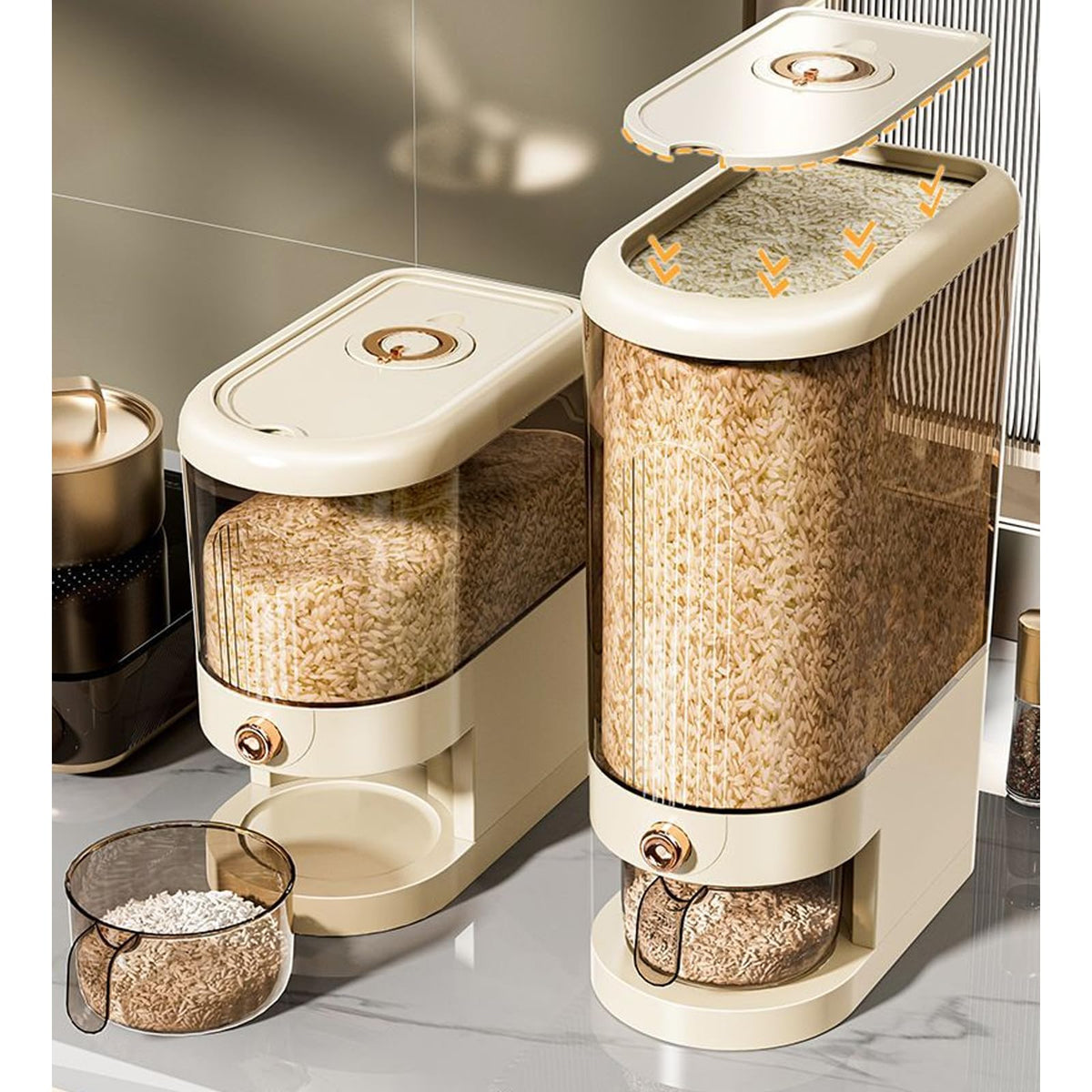 Peaoop rice dispenser front view highlights the single button for quick dispensing.