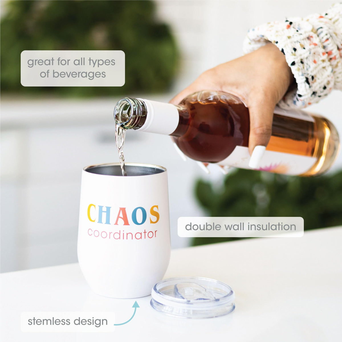 Pearhead Chaos Coordinator press-in lid shown for spill prevention during busy days.