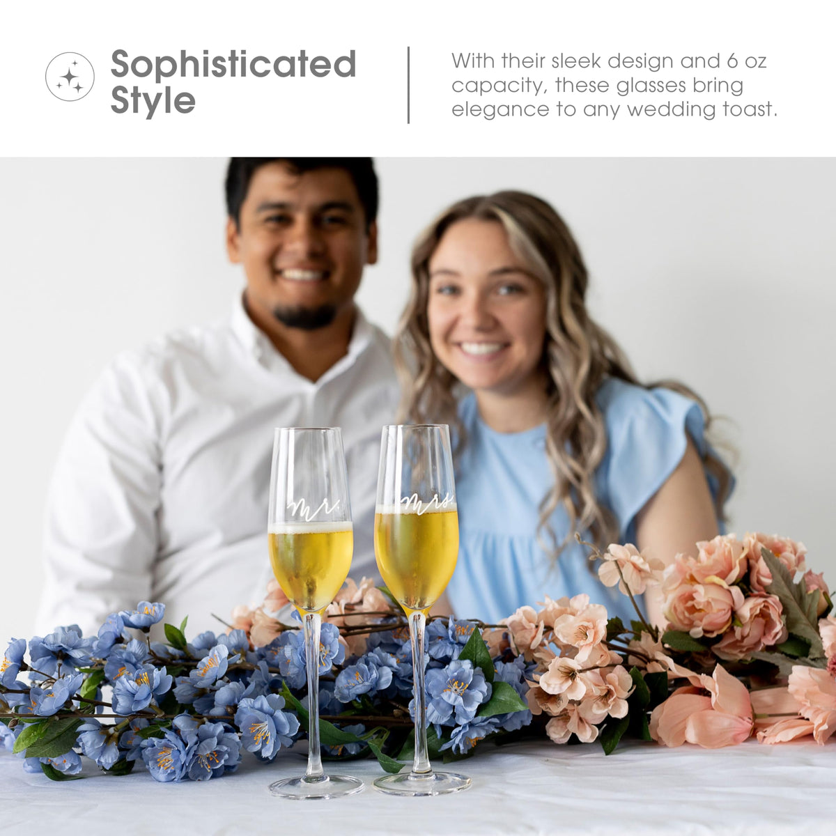 Keepsake display of Pearhead flutes after the wedding.