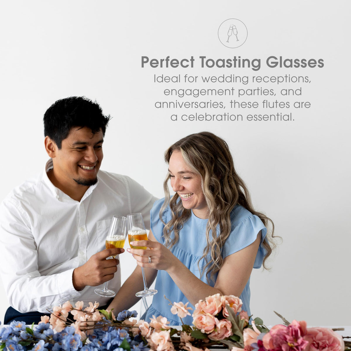 Closeup of Mr. flute with printed script adding refined detail to the toast.