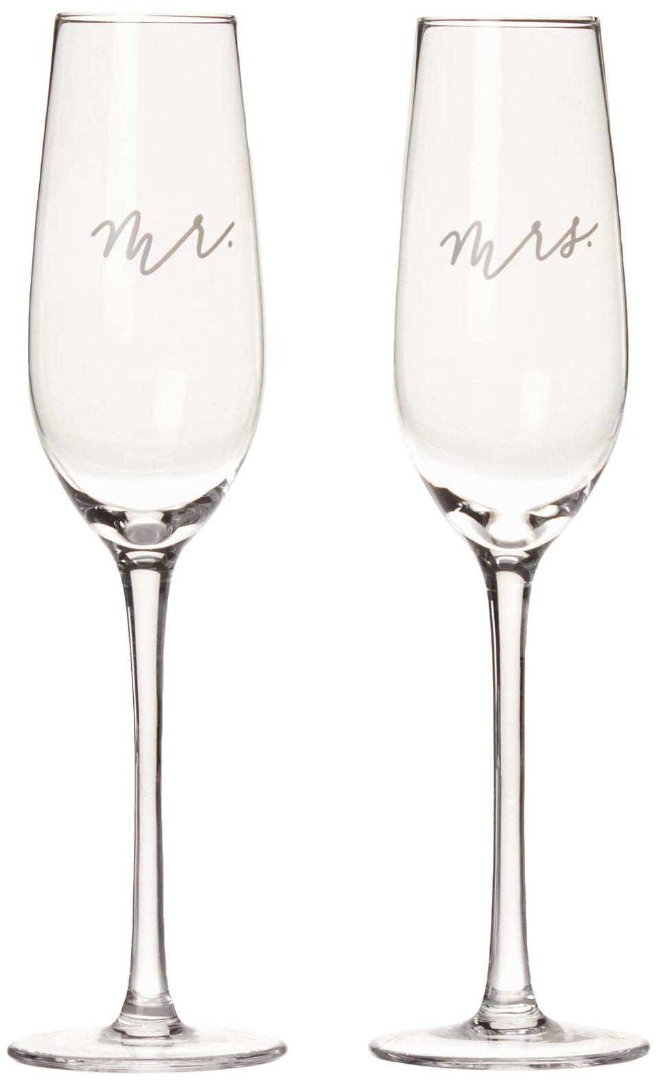 Pearhead Mr. & Mrs champagne flutes paired for elegant wedding toasts.