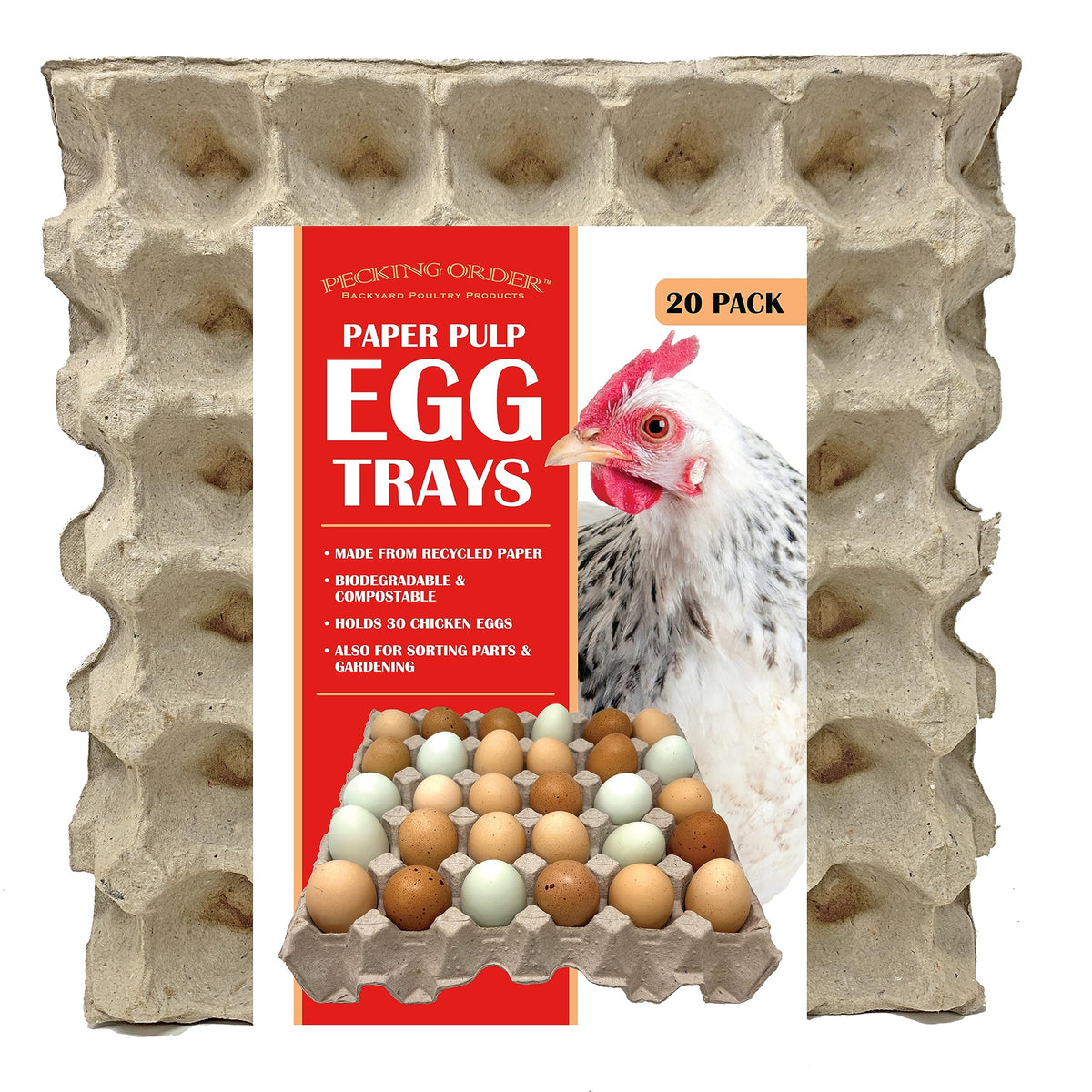 Pecking Order paper pulp egg tray stacked with eggs, ideal for organized kitchen storage.