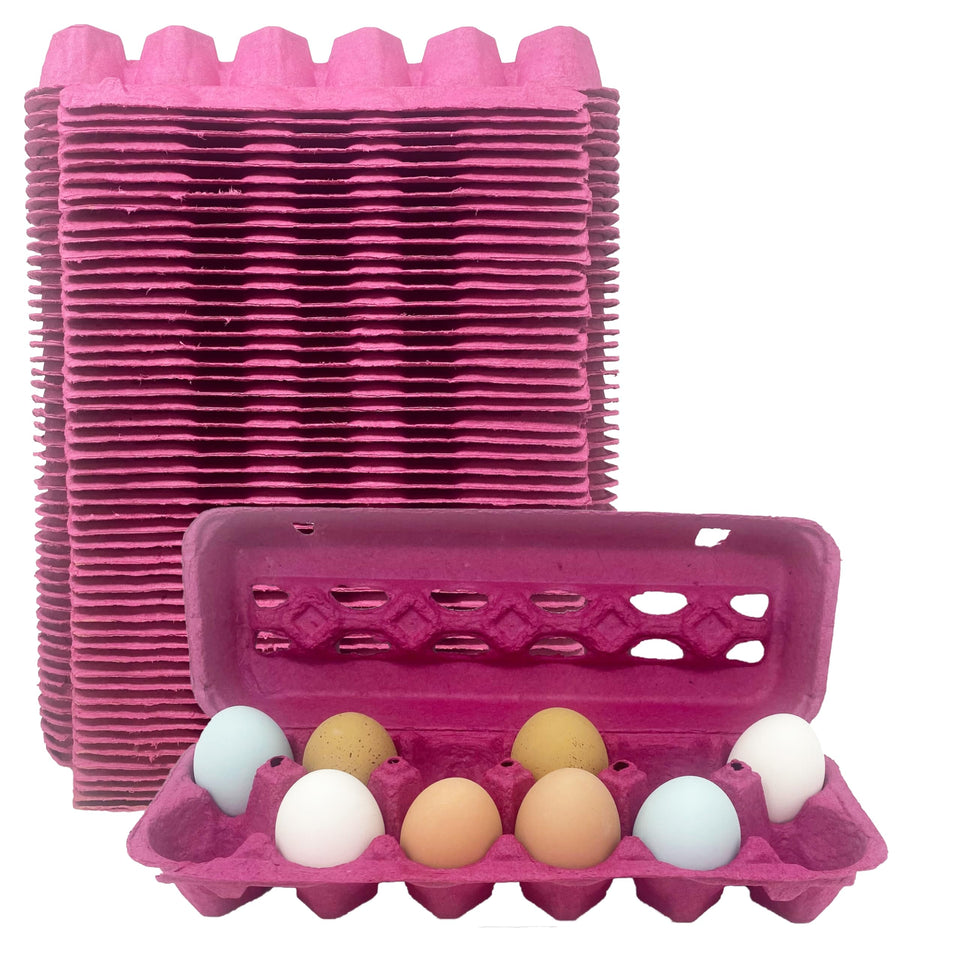 Pecking Order pink paper pulp egg cartons protect fresh eggs for display and gifting.