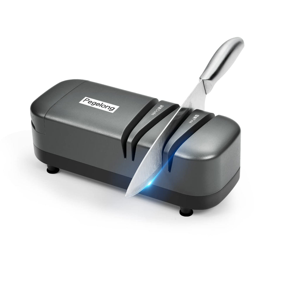 Pegelong S820 knife sharpener sharpening a kitchen blade for a clean edge.
