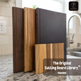 PEGSORIX display stand holding boards upright for organized serving