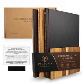 PEGSORIX Cutting Board Library three-tones on a counter, styled for display and minimal clutter