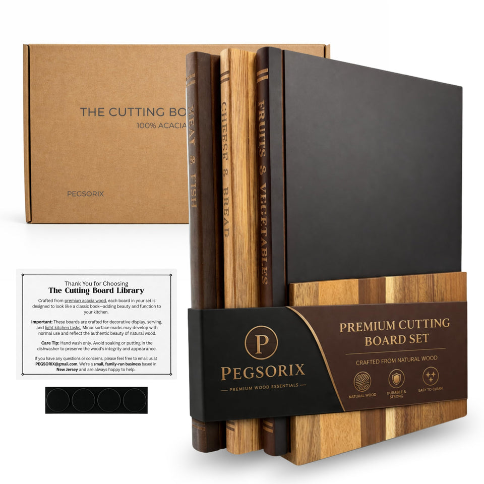 PEGSORIX Cutting Board Library three-tones on a counter, styled for display and minimal clutter