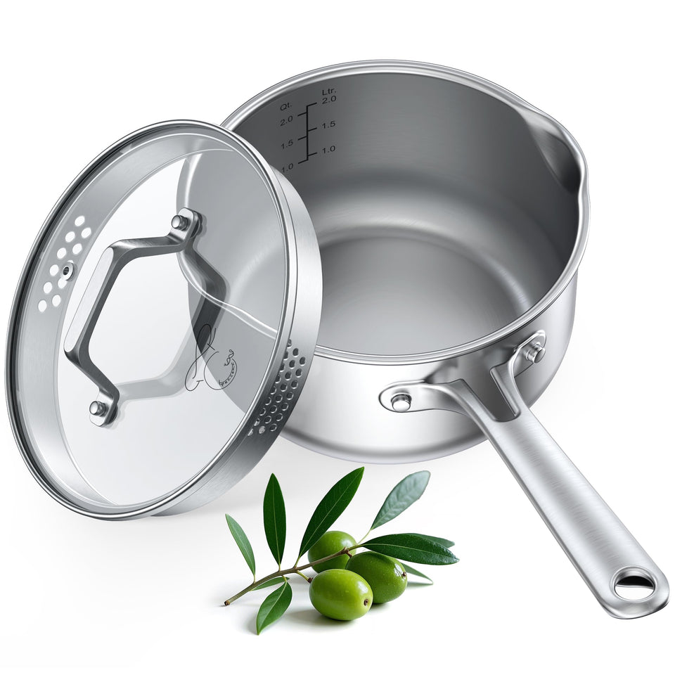 PekGema 2.5 quart tri-ply saucepan interior design for even heating and durability