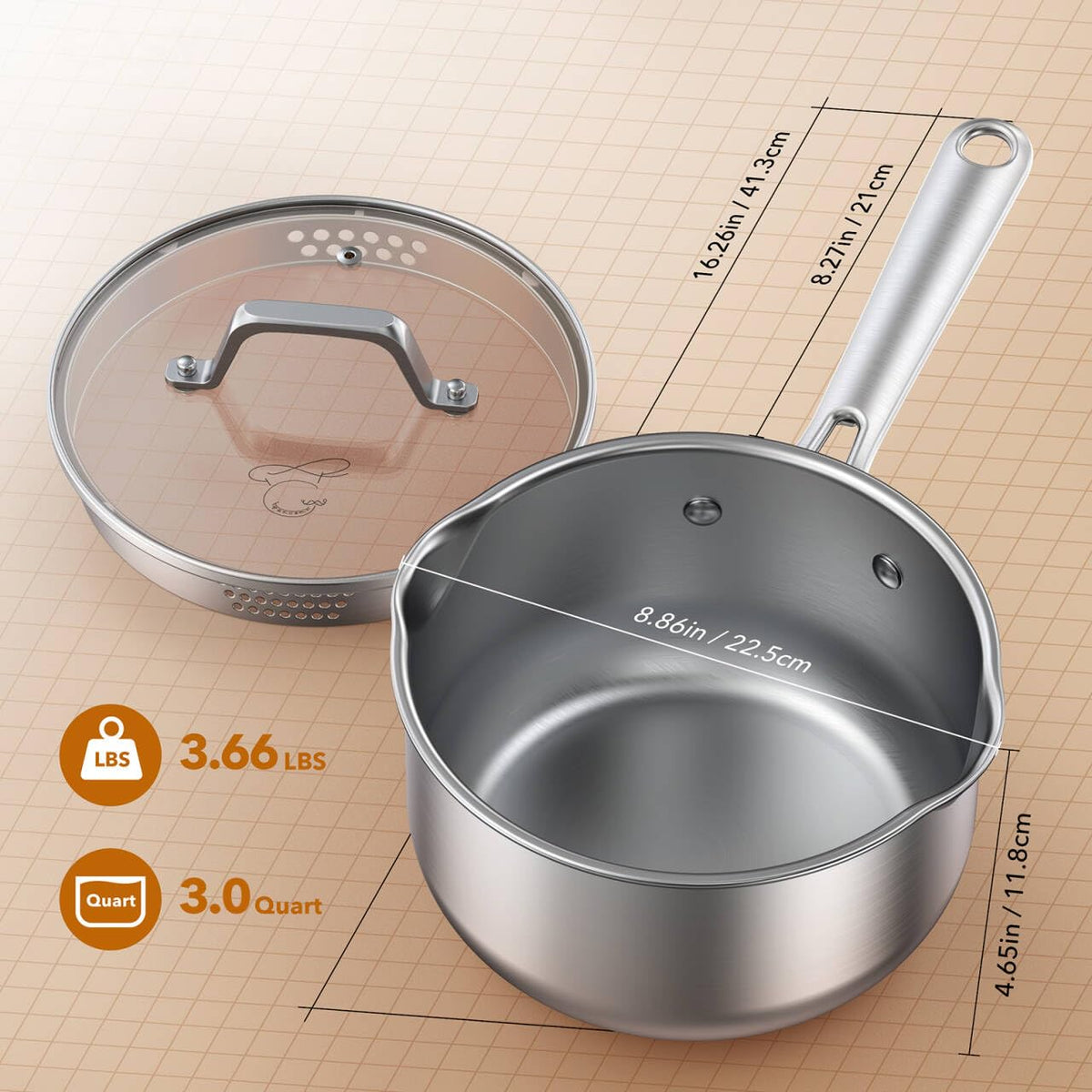 PekGema 3qt extended stay-cool handle provides a secure grip.
