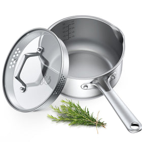 PekGema stainless steel saucepan 3qt with glass lid for easy monitoring while simmering.