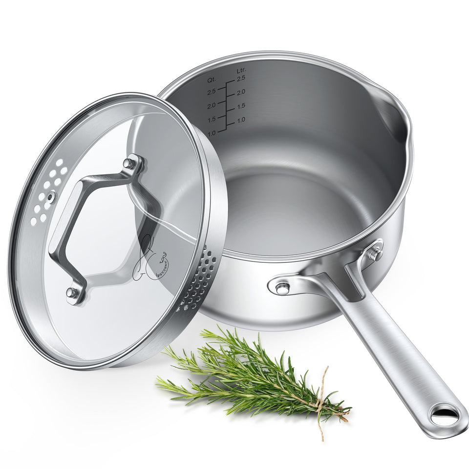 PekGema stainless steel saucepan 3qt with glass lid for easy monitoring while simmering.
