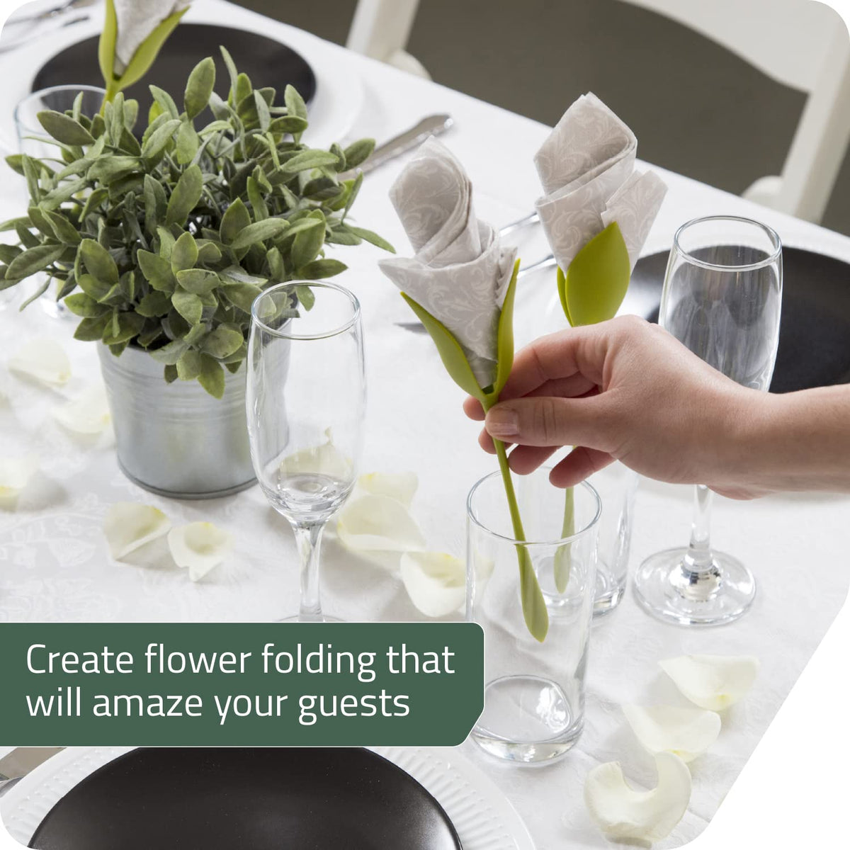 PELEG DESIGN Bloom napkin holder rose fold demonstrates elegant flower bud at mealtime.