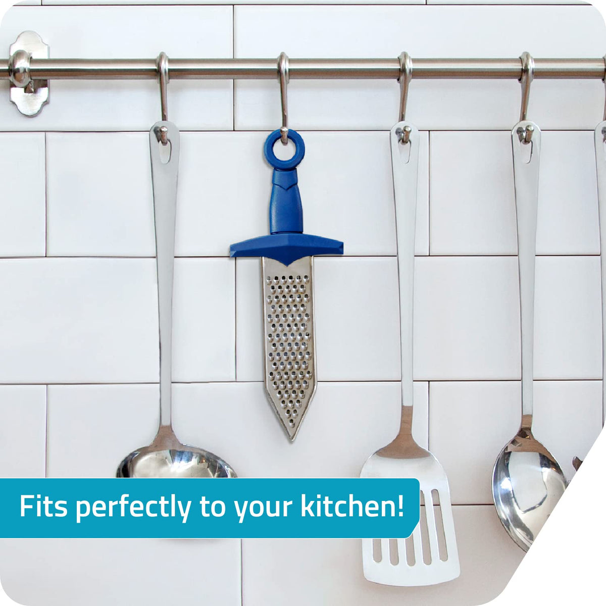 PELEG DESIGN Gratiator stainless steel grater with blue handle for durability.