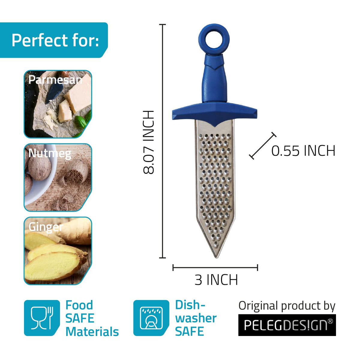 PELEG DESIGN Gratiator sword guard protects fingers during grating.