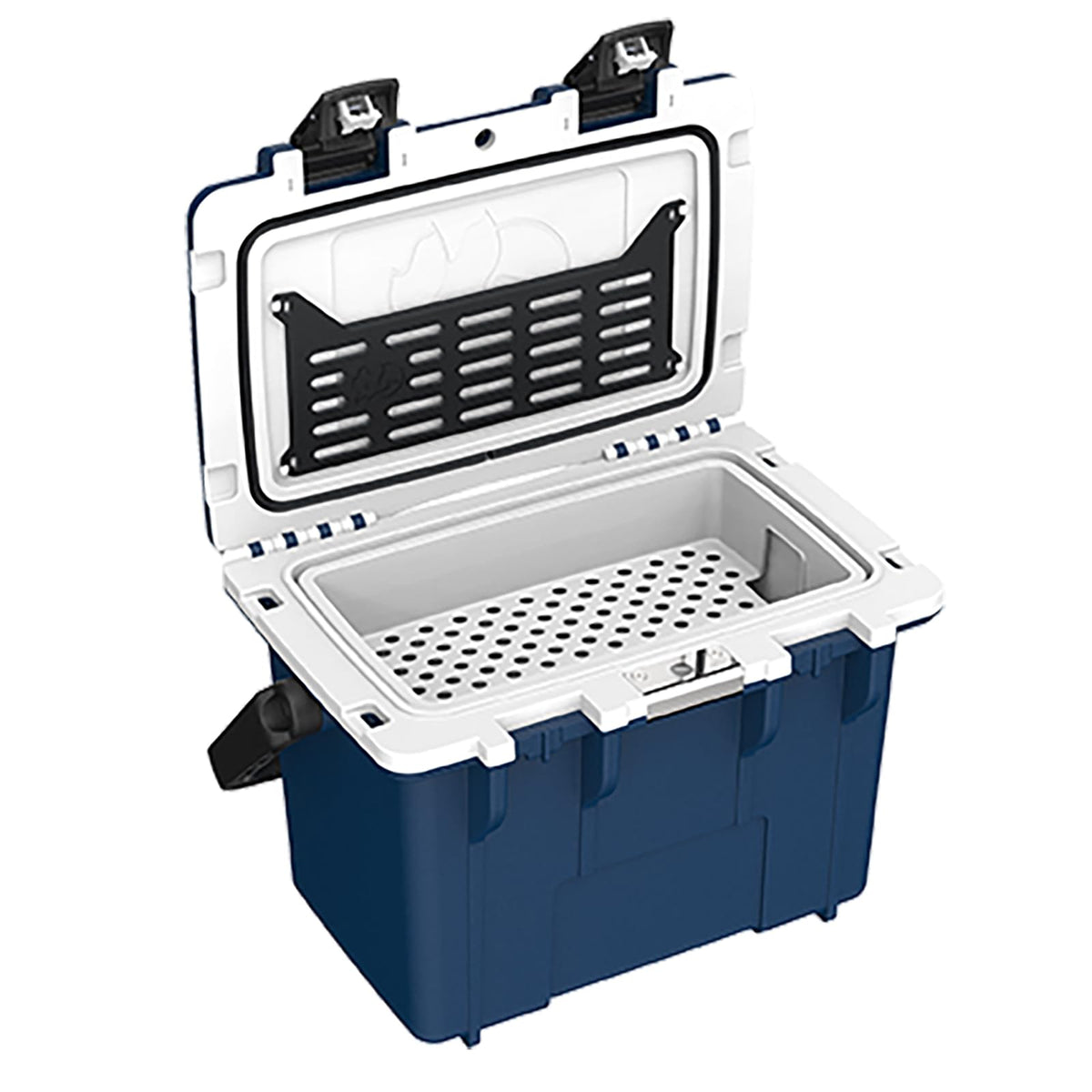 Pelican 14-qt lunch box cooler midnight blue, lid open, reveals organized interior space.