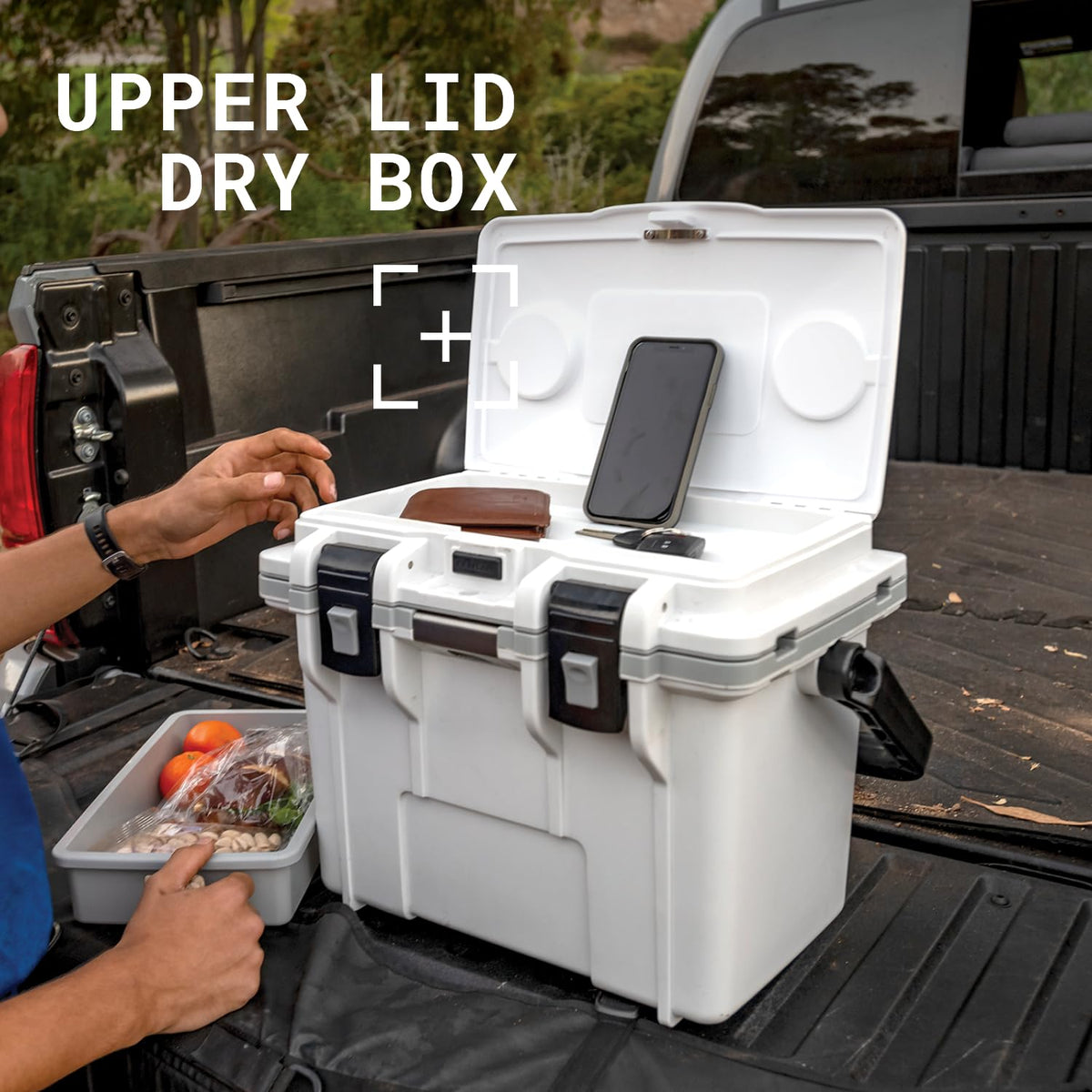 Pelican 14-qt lunch box cooler midnight blue, snap-in lid organizer streamlines contents.