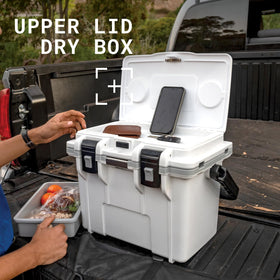 Pelican 14-qt lunch box cooler midnight blue, snap-in lid organizer streamlines contents.