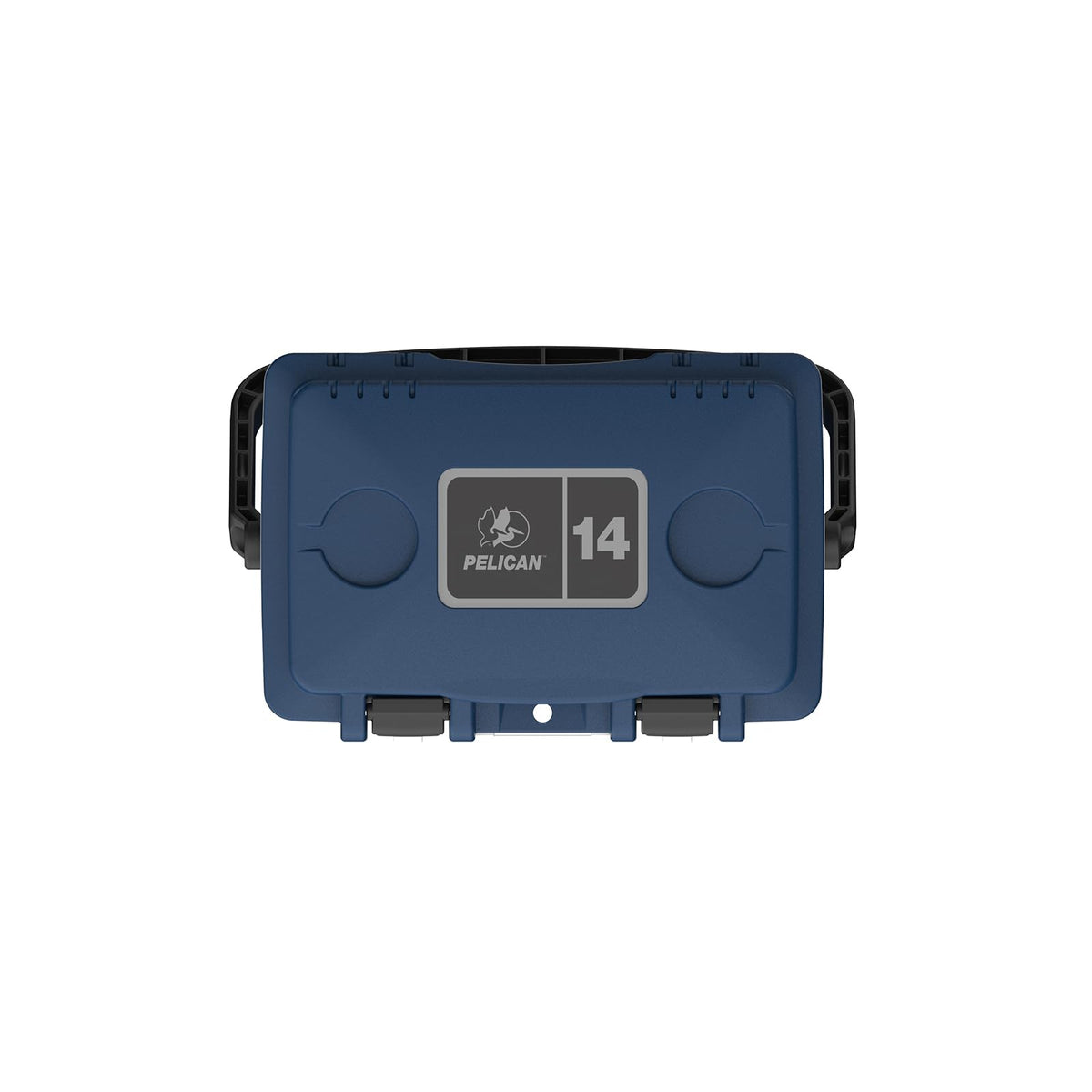 Pelican 14-qt lunch box cooler midnight blue, press and pull latches for secure closure.