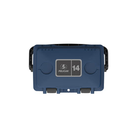 Pelican 14-qt lunch box cooler midnight blue, press and pull latches for secure closure.