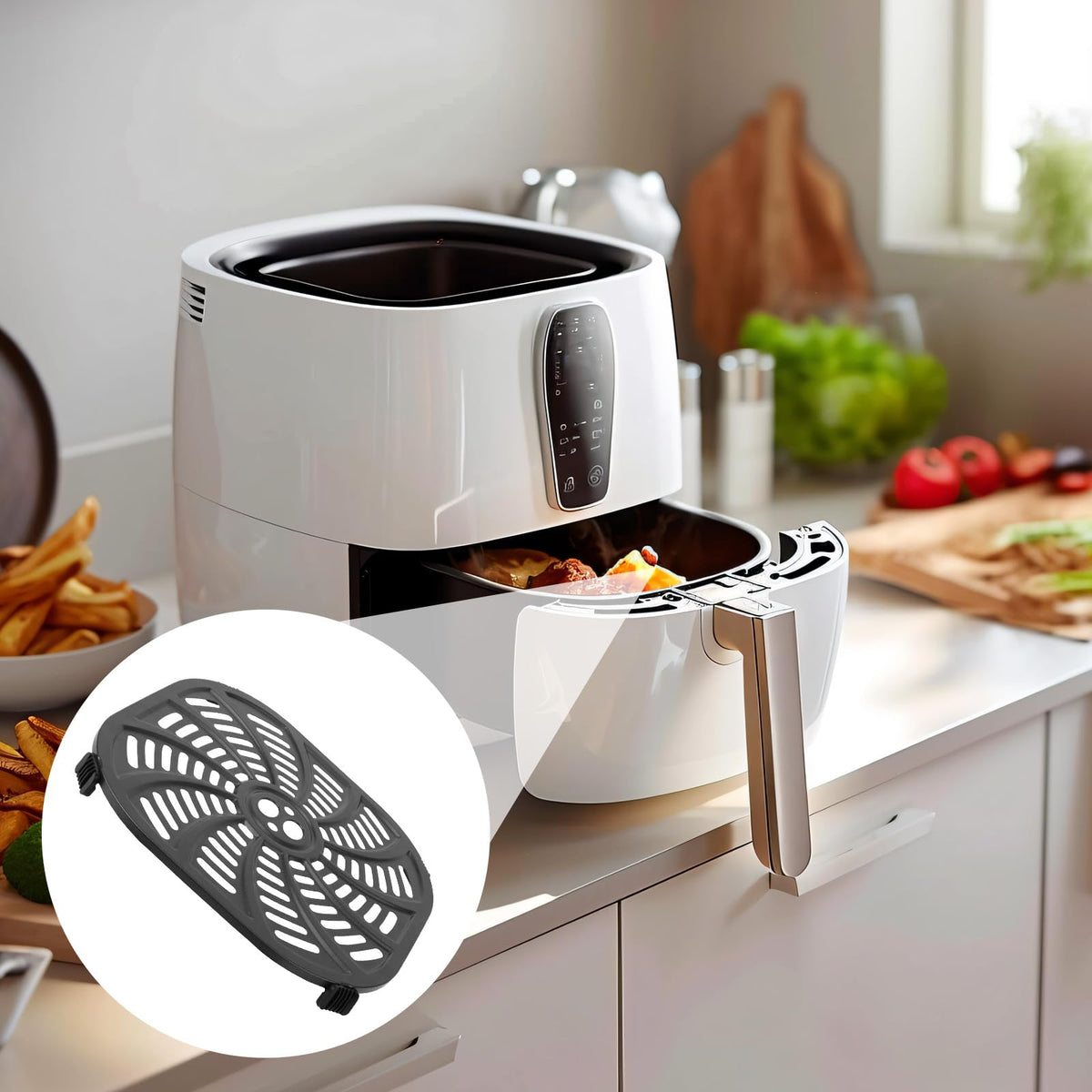 Penitue packaged air fryer grill plate arrives ready to install.
