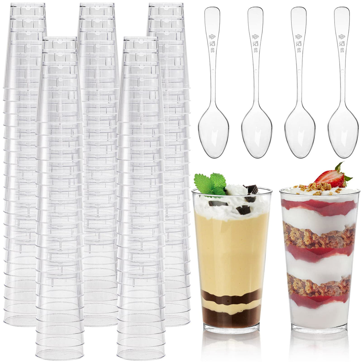 Peohud 3oz dessert cups with spoons display colorful treats at events