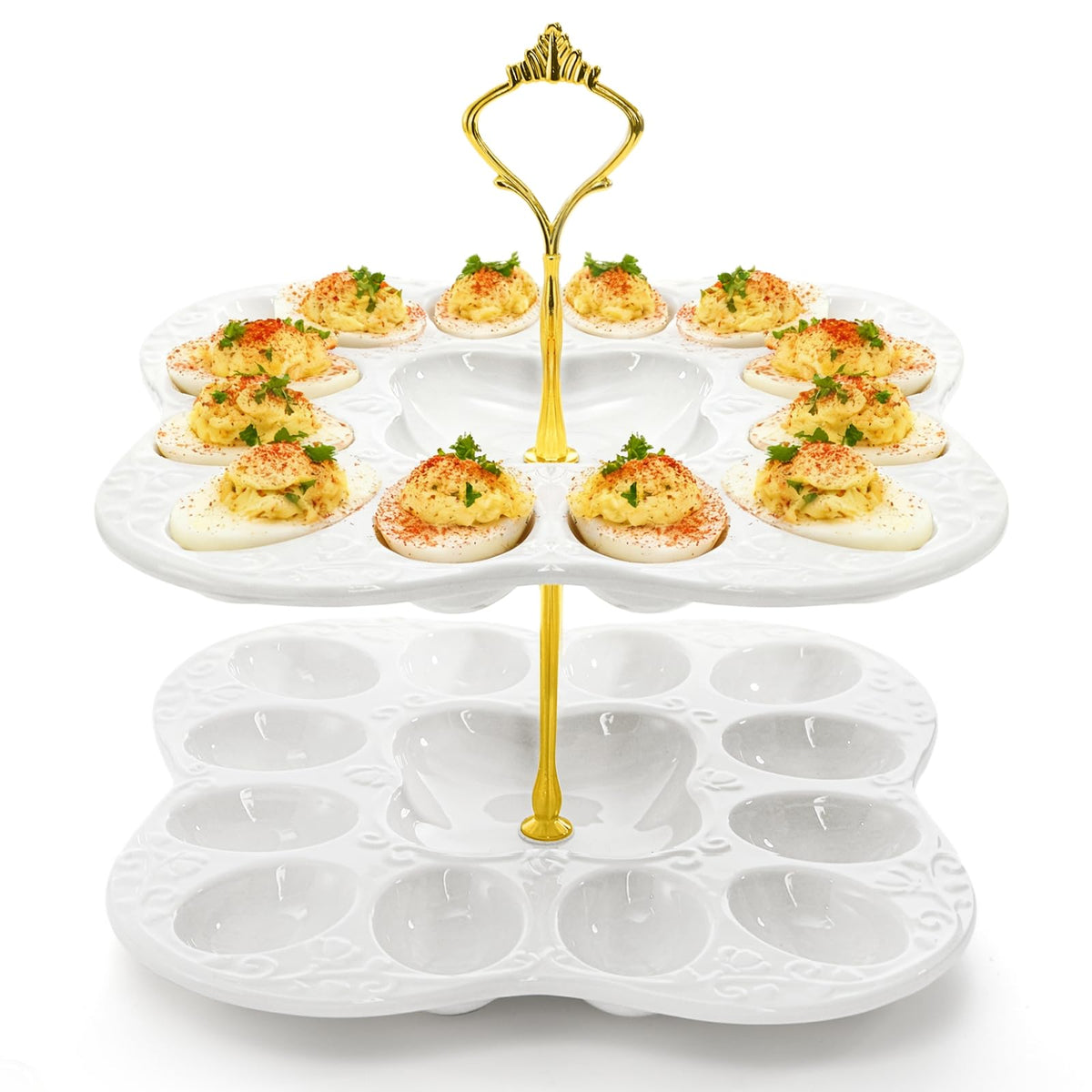 Peohud two-tier ceramic deviled egg platter shown as an elegant centerpiece for gatherings.