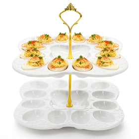 Peohud two-tier ceramic deviled egg platter shown as an elegant centerpiece for gatherings.