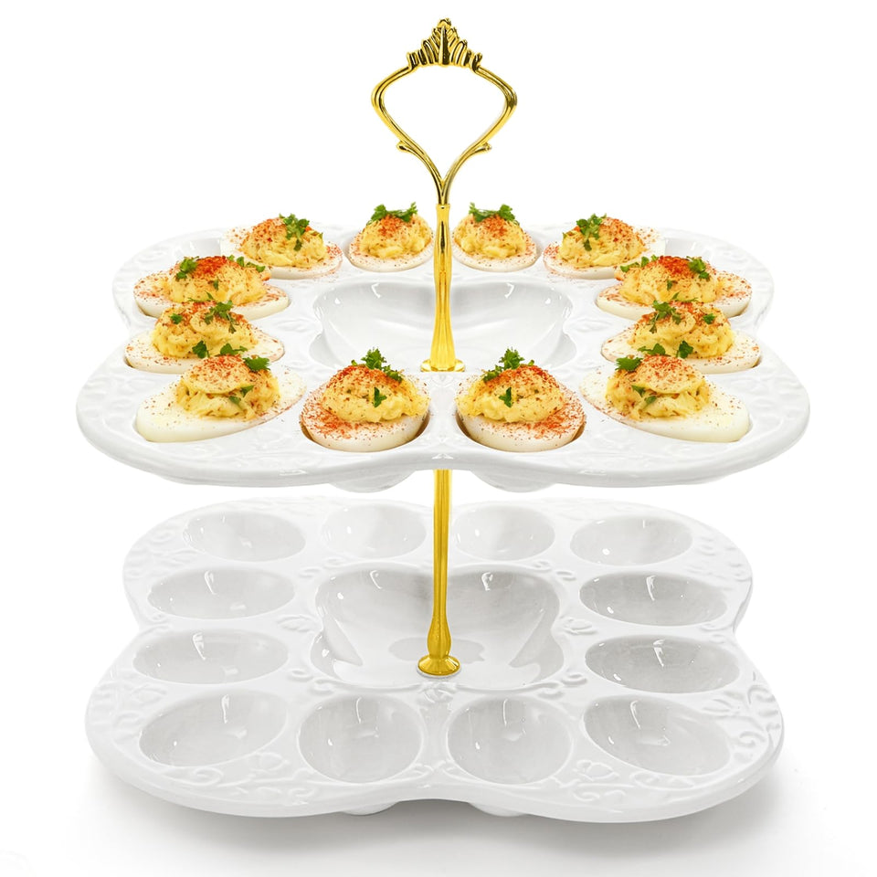 Peohud two-tier ceramic deviled egg platter shown as an elegant centerpiece for gatherings.