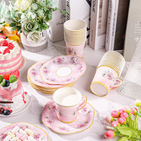 Peony Man pink floral disposable tableware for weddings and baby showers.